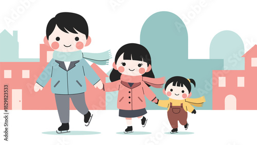 Kawaii parents and children ice skating together with rosy cheeks and pastel scarves. Ideal for cute winter activities and holiday family fun