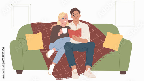 Couple relaxing on sofa with warm blanket in cozy home scene

