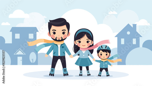 Kawaii parents and children ice skating together with rosy cheeks and pastel scarves. Ideal for cute winter activities and holiday family fun