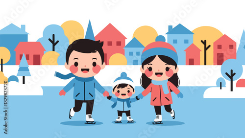 Kawaii parents and children ice skating together with rosy cheeks and pastel scarves. Ideal for cute winter activities and holiday family fun
