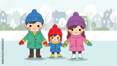 Kawaii parents and children ice skating together with rosy cheeks and pastel scarves. Ideal for cute winter activities and holiday family fun