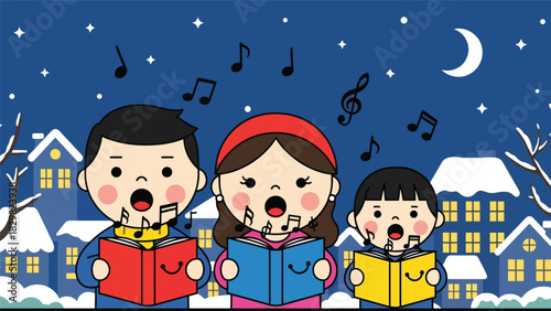 Kawaii family singing cheerful Christmas carols with smiling music notes floating around. Perfect for festive winter energy and adorable family tradition