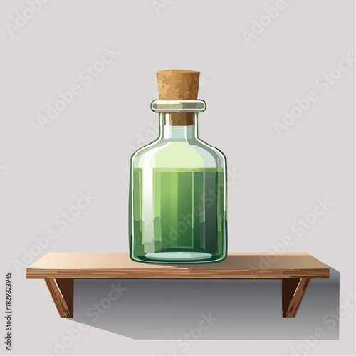 Clear Glass Potion Bottle with Green Liquid and Cork Stopper on a Wooden Shelf Against a Neutral Background with Soft Shadows