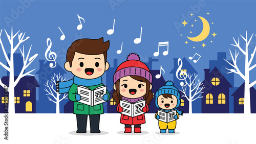 Kawaii family singing cheerful Christmas carols with smiling music notes floating around. Perfect for festive winter energy and adorable family tradition
