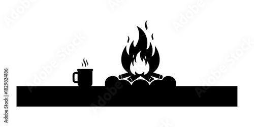 Campfire and hot drink silhouette on a white background.