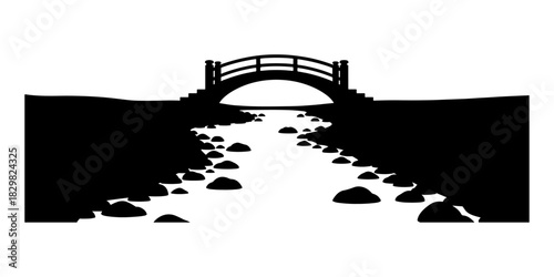 Minimalist Black and White Silhouette of a Serene Stone Bridge Over a Rocky Stream.