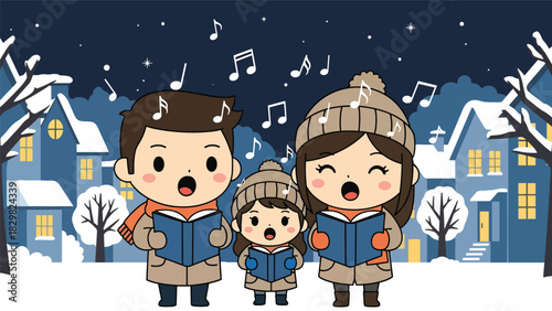 Kawaii family singing cheerful Christmas carols with smiling music notes floating around. Perfect for festive winter energy and adorable family tradition