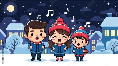 Kawaii family singing cheerful Christmas carols with smiling music notes floating around. Perfect for festive winter energy and adorable family tradition
