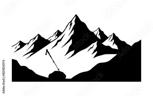 Monochromatic Mountain Range Silhouette with Hiking Gear.