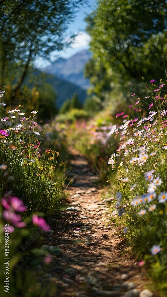 Obraz premium Narrow Dirt Path Leading Through Vibrant Wildflowers in Scenic Landscape