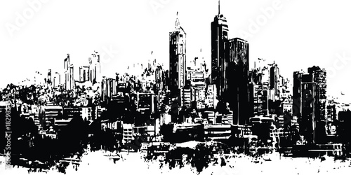 Black and white cityscape. Silhouetted city skyline, graphic design. Abstract city. grunge style cityscape with high rise buildings.