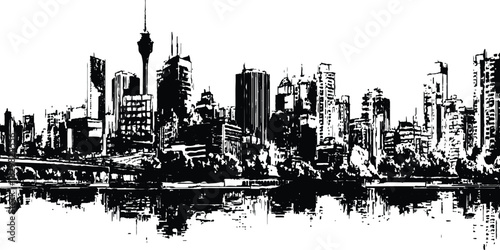 Black and white cityscape. Silhouetted city skyline, graphic design. Abstract city. grunge style cityscape with high rise buildings.
