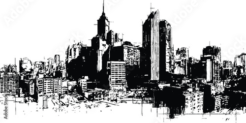 Black and white cityscape. Silhouetted city skyline, graphic design. Abstract city. grunge style cityscape with high rise buildings.
