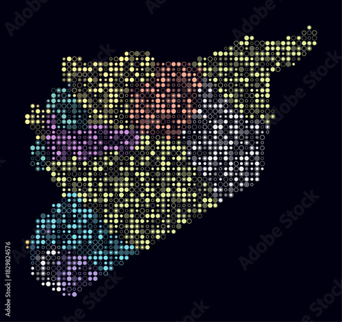 Syria, shape of the country build of colored cells. Digital style map of the Syria on dark background. Small size circle blocks. Stylish vector illustration.