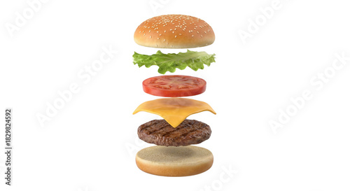 Exploded view of burger layers in air, including buns, beef, tomato, lettuce and cheese isolated on transparent background