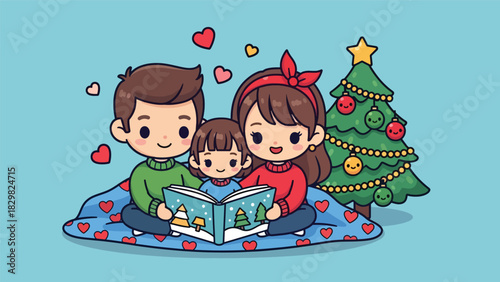 Kawaii family reading a cozy Christmas storybook near the tree. Perfect for warm winter moments, adorable family bonds, and seasonal magic