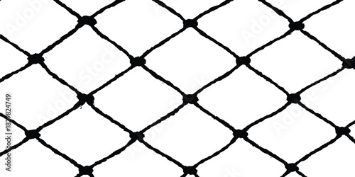 Black chain link fence pattern on a white background. The texture of the metal mesh. Torn, destroyed, broken metal mesh on a white background. Football or tennis net. Rope mesh on a white background. 