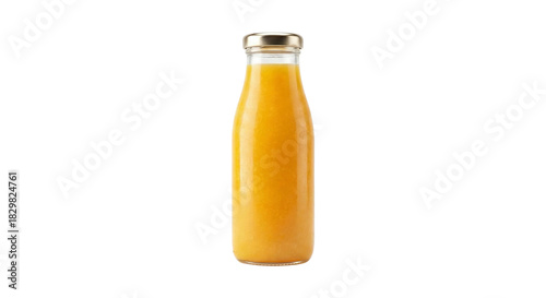 Bottled organic mango juice with gold metal lid on transparent background diet isolated on transparent background