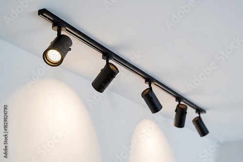 Minimalist LED track lighting set with adjustable clip-on fixtures, isolated on clean background, showcasing contemporary interior design, sleek illumination, modern aesthetic, simplicity, elegance.