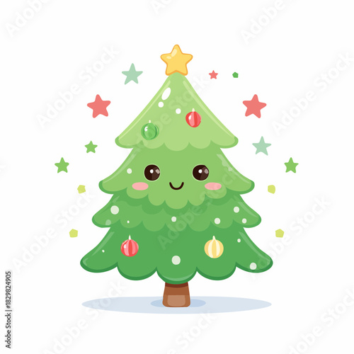A cheerful cartoon Christmas tree with ornaments and star, smiling happily.