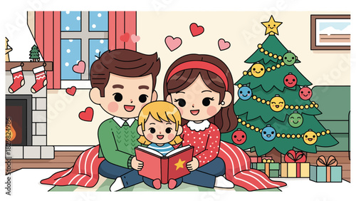 Kawaii family reading a cozy Christmas storybook near the tree. Perfect for warm winter moments, adorable family bonds, and seasonal magic
