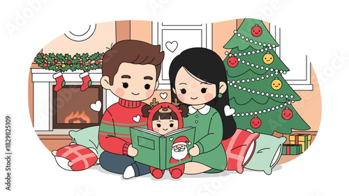 Kawaii family reading a cozy Christmas storybook near the tree. Perfect for warm winter moments, adorable family bonds, and seasonal magic
