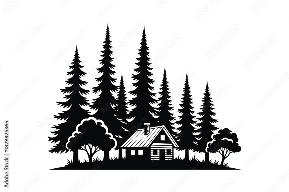Naklejka premium Cabin in forest with tall trees silhouette vector illustration