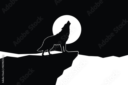 A lone wolf howling at the moon on a cliff silhouette vector art illustration