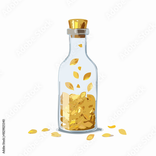 Transparent Glass Bottle Filled With Golden Grains And Cork Stopper Isolated On White Background With Scattered Grains In Sunlight
