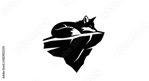 Stylized Black Fox Resting on Jagged Rock Formation.