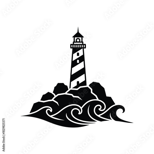 Lighthouse on rocky coastal cliffs with waves crashing silhouette vector illustration