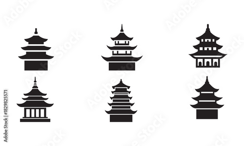 Asian Pagoda Temple Icon Set | Traditional Chinese Architecture Vector