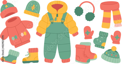 Many colorful childrens winter clothing items are arranged on a white surface for cold weather
