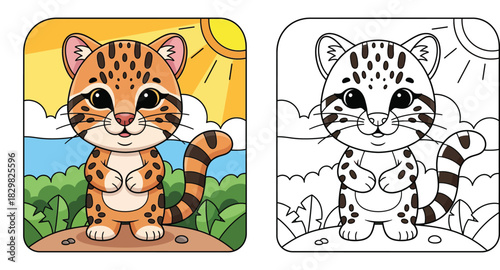 Cute cartoon ocelot cat standing in sunny jungle vector illustration. Adorable wild animal character mascot design with spots and green forest background.