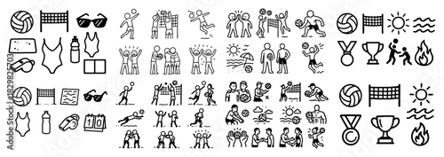 Beach activities icons collection outline style
