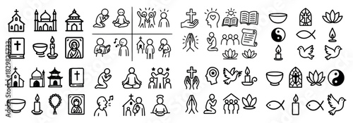Diverse religious symbols and activities in line art