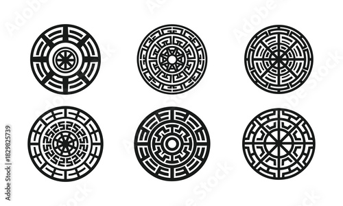 Circular Meander Labyrinth Icon Set | Greek Key Maze Geometric Vector