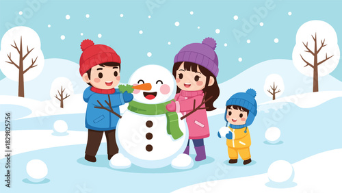 Kawaii family building a smiling snowman outdoors. Ideal for playful winter activities, family bonding, and adorable Christmas fun