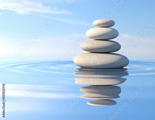 Stacked stones balance in water, reflected in rippling surface