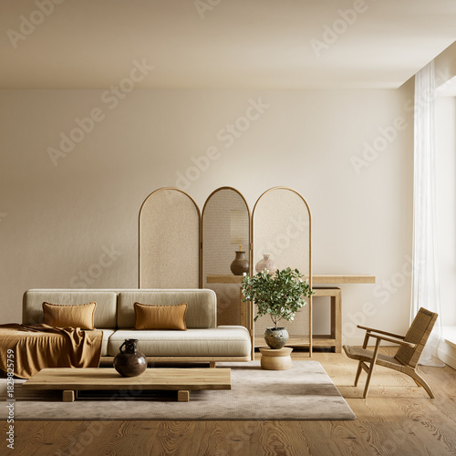 Japandi–Scandinavian living room with natural wood tones, neutral palette and serene minimalist decor under warm daylight ambiance. 3D illustration