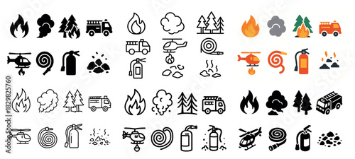 Firefighting icons set: helicopter, trucks, extinguishers