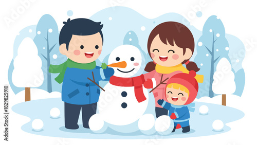 Kawaii family building a smiling snowman outdoors. Ideal for playful winter activities, family bonding, and adorable Christmas fun