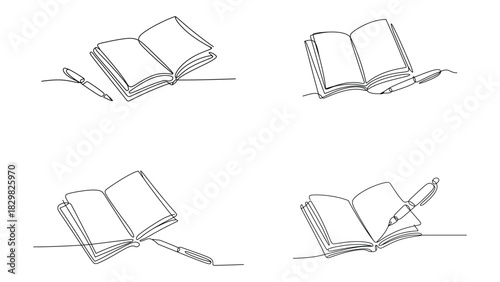 Open book and pen in minimalist continuous line drawing design
