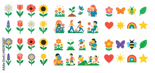Colorful nature and people icons set