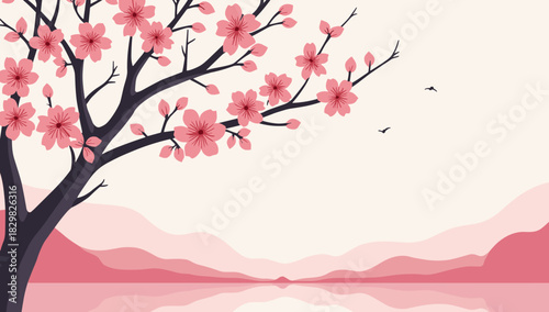 Cherry blossom branch lunar new year blooming sakura tree over pastel mountains serene landscape harmony concept