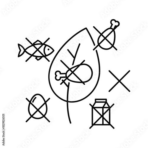 Vegan diet concept icon with crossed out meat, fish, eggs, and milk. plant-based lifestyle.