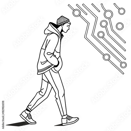 Young man in beanie and hoodie looking at digital circuit board