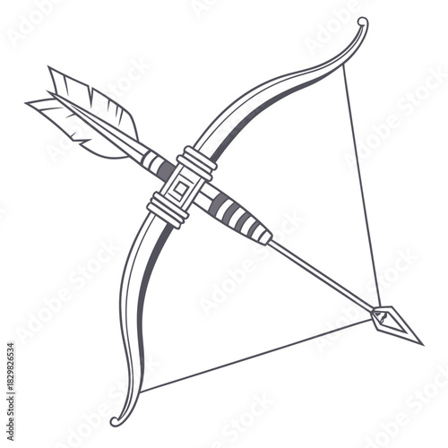 Stylized bow and arrow with feather fletching and ornate grip