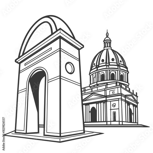 Architectural drawing of a triumphal arch and a domed building