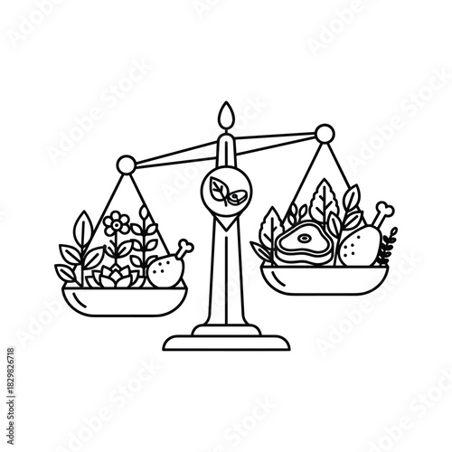 Weighing scale balancing plant-based foods, meat, and poultry, representing diet and nutrition choices.